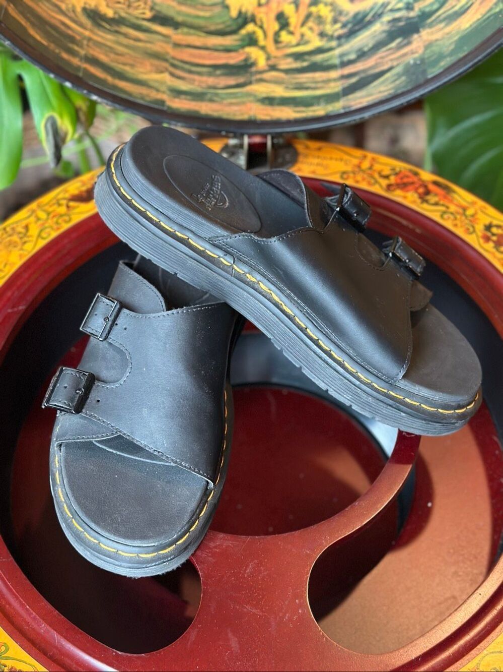 Dr. Martens Black Leather Buckle Slide Sandals with Yellow Stitching